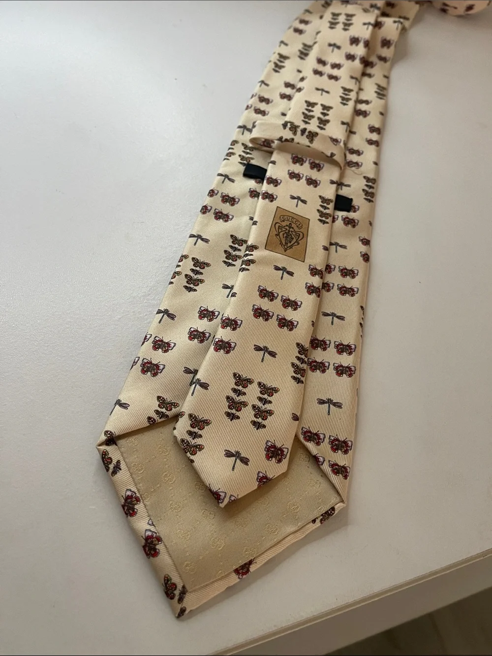 Gucci Cream Silk Tie with Burgundy and Black Motif